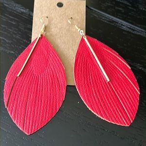 Red Faux Leather Feather earrings-NWT
